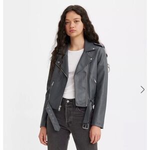 Levis Womens Faux Leather Moto Biker Jacket Gray XS Belted Cropped